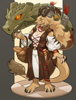 2_heads 4_toes 5_fingers anklet anthro barefoot basket big_breasts bracelet bread breasts broken_horn claws cleavage clothed clothing container countershade_hands countershading dress duo ear_piercing ear_ring feet female finger_claws fingers food fur glowing glowing_eyes green_body green_scales hair hindpaw horizontal_pupils horn humanoid_hands humanoid_heel jewelry long_horn looking_at_viewer male medallion multi_head necklace orange_eyes paws piercing plantigrade pupils red_eyes ring_piercing scales smile smiling_at_viewer standing tail tail_tuft tan_body tan_fur tan_hair toe_claws toes tuft yellow_eyes ceehaz mythology ida_(ceehaz) kayd_(ceehaz) bovid caprine dragon goat mammal mythological_creature mythological_scalie scalie 2020 absurd_res hi_res