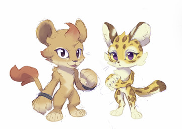 aged_down anthro biped bracelet brown_eyes chest_tuft claws countershade_torso countershading digitigrade dipstick_tail duo featureless_crotch female female_anthro fluffy fluffy_tail fur head_tuft jewelry leg_markings looking_at_viewer male male_anthro markings mostly_nude_anthro mostly_nude_male nude nude_anthro nude_female open_mouth open_smile orange_body orange_fur purple_eyes simple_background smile socks_(marking) spots spotted_body spotted_fur tail tail_markings tan_body tan_fur three-quarter_view tuft whiskers white_background white_body white_fur yellow_body yellow_fur yellow_sclera young young_anthro young_female young_male kamabokobun kirby_(series) kirby_and_the_forgotten_land nintendo clawroline leongar felid leopard lion mammal pantherine 2022 colored_sketch digital_drawing_(artwork) digital_media_(artwork) english_description hi_res sketch