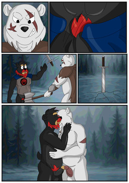 anthro armor axe battle black_body black_fur black_hair black_nose border duo facial_hair fur genitals hair kiss_on_lips kissing male male/male melee_weapon muscular muscular_anthro muscular_male mustache nude outdoor_nudity outside outside_sex penis sex sword viking warrior weapon white_body white_border white_fur ciel-wolf bear black_bear mammal polar_bear ursine comic