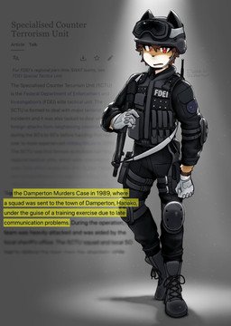 article black_boots black_clothing black_footwear boots cat_ear_helmet clothing crime eyewear footwear gloves goggles goggles_on_headwear gun gun_holster handwear law_enforcement male police police_uniform ranged_weapon red_eyes shoes solo special_forces topwear uniform vest weapon dullanboi wikipedia felid feline humanoid mammal hi_res