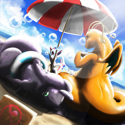 ambiguous_gender beach blue_eyes bodily_fluids bubble claws cloud day dessert detailed_background dutch_angle eating eyes_closed feral food group ice_cream inflatable lens_flare light low-angle_view lying membrane_(anatomy) membranous_wings on_front orange_body orange_skin outside parasol pool_toy sand seaside sitting sky sun sunlight sweat swim_ring tail water wings hurikata nintendo pokemon dragonite eeveelution generation_1_pokemon generation_6_pokemon goodra pokemon_(species) sylveon 1:1 hi_res