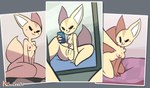 anthro anus areola bed big_tail breasts cellphone electronics female furniture genitals holding_object looking_at_viewer mirror mirror_selfie nipples nude phone photo pussy selfie simple_background sitting smartphone smile solo spread_legs spreading tail nova_rain aggretsuko sanrio fenneko canid canine fennec_fox fox mammal true_fox absurd_res digital_media_(artwork) hi_res