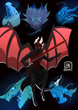 anthro black_body black_clothing black_scales black_sclera black_wings brown_clothing cape clothing glowing glowing_eyes holding_melee_weapon holding_object holding_sword holding_weapon horn melee_weapon membrane_(anatomy) membranous_wings multi_horn open_wings red_body red_clothing red_eyes red_scales red_wings scales solo sword tail two_tone_wings weapon wings gamesfan mythology dragon mythological_creature mythological_scalie scalie absurd_res hi_res