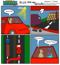 anthro car clothed clothing cloud cochlear_implant_processor deaf dialogue duo eyewear female glasses log male road sun swimwear text topless truck vehicle wood baristagamerproductions ada_(gem_hunters) alfonso_(gem_hunters) canid canine canis dingo mammal reptile scalie snake absurd_res comic english_text hi_res