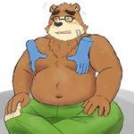 anthro blush bodily_fluids bottomwear brown_body brown_fur clothing duo eyes_closed eyewear fur glasses humanoid_hands kemono male moob_grab moobs overweight overweight_male pants sitting solo_focus sweat yaki_atsuage lifewonders tokyo_afterschool_summoners volos_(tas) bear mammal 1:1 2021 hi_res