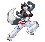 anthro black_hair bra breasts clenched_teeth clothing dipstick_tail feet female fur grey_body grey_fur hair markings red_eyes solo tail tail_markings teeth torn_clothing underwear white_body white_fur blazbaros mythology canid canine mammal mythological_canine mythological_creature were werecanid werecanine werewolf 2024 hi_res