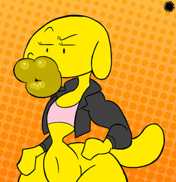 anthro bottom_heavy clothing crop_top curvy_figure eyelashes femboy glistening glistening_lips halftone_background hands_on_hips hyper hyper_lips jacket leather leather_clothing leather_jacket leather_topwear lips logo male navel pattern_background shirt simple_background solo tail text thick_lips topwear wide_hips yellow_body thatdawgmurray adult_swim aqua_teen_hunger_force cartoon_network hand_banana canid canine canis domestic_dog mammal aliasing artist_logo artist_name digital_media_(artwork) halftone hi_res signature