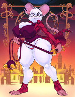 3_toes 4_fingers anthro big_breasts black_eyes breasts cheek_tuft cleavage clothed clothing curvy_figure detailed_background determined eyelashes facial_tuft feet female fingers footwear front_view fur head_tuft holding_object holding_whip huge_breasts jacket navel nipple_outline notched_ear panties pink_inner_ear pink_nose pose pupils raised_tail red_clothing red_footwear red_jacket red_panties red_topwear red_underwear skindentation smile smirk solo spiked_ball standing tail thick_thighs toes topwear tuft underwear voluptuous whip white_body white_fur white_pupils wide_hips snao mina_the_hollower yacht_club_games mina_(mina_the_hollower) mammal mouse murid murine rodent 2023 digital_media_(artwork)