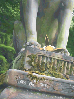 ambiguous_gender brown_body brown_fur eyes_closed feral fur lying moss paws plant sculpture sleeping solo statue watawatakuro nintendo pokemon eevee generation_1_pokemon pokemon_(species) 2025 3:4 hi_res