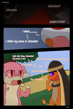 anthro badge blood bodily_fluids book cloth dialogue fantasy gore melee_weapon semi-anthro speech_bubble sword text weapon vinland nintendo pokemon pokemon_mystery_dungeon spike_chunsoft anders_(infinitydoom) ano_(vinland) sebastian_(infinitydoom) audino charmander generation_1_pokemon generation_5_pokemon oshawott pokemon_(species) 2:3 absurd_res comic cover_art english_text hi_res story