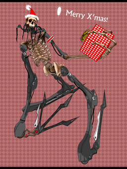3_fingers ambiguous_gender black_bars bone box checkered checkered_background christmas_clothing christmas_headwear clothing container fingers gift gift_box hat headgear headwear holding_gift holding_object holidays human_skull machine mechanical_arm mechanical_leg merry_christmas not_furry pattern_background pelvis polka_dots red_background ribs santa_hat simple_background skeleton skull solo spine text wire deino_(artist) christmas calne_ca animated_skeleton arthropod crustacean humanoid isopod malacostracan robot robot_humanoid undead 2009 3:4 3d_(artwork) autodesk_3ds_max_(artwork) digital_media_(artwork) english_text full-length_portrait hi_res letterbox portrait female_(lore)