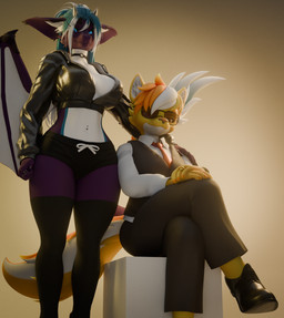 anthro clothing duo eyewear female looking_at_viewer ring suit sunglasses wide_hips haolde ghostlyshark_(modeler) haolde_(character) namaeri canid canine canis celestial_dragon mammal wolf 3d_(artwork) blender_(artwork) blender_cycles_(artwork) digital_media_(artwork) hi_res
