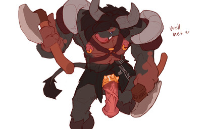 accessory animal_genitalia animal_penis anthro armor axe black_bottomwear black_clothing black_hair black_loincloth blue_eyes bottomwear bottomwear_aside clothing clothing_aside cloven_hooves cock_ring curved_horn dialogue equine_genitalia equine_penis eyebrows flared_penis fur genitals grey_body grey_fur grey_horn hair harness hooves horn jewelry loincloth loincloth_aside male melee_weapon multicolored_body multicolored_fur nipple_piercing nipple_ring nipples pauldron penis penis_accessory penis_jewelry piercing pink_nose pink_penis red_body red_eyebrows red_fur ring_piercing simple_background solo spiked_cock_ring spikes tail tail_tuft teeth text tuft two_tone_body two_tone_fur vein veiny_penis weapon white_background redishdragie blizzard_entertainment warcraft bovid bovine mammal tauren 16:10 2020 absurd_res english_text hi_res signature widescreen