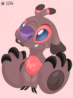 3_toes ambiguous_gender antennae_(anatomy) big_feet biped black_claws blue_eyes brown_body brown_fur brown_pawpads claws cute_fangs emanata fangs feet feral finger_claws fur multicolored_antennae pawpads pink_background purple_nose red_body red_fur simple_background sitting solo teeth toes psychedelic-lemur disney lilo_and_stitch fan_character laspe_(sketch-lampoon) alien experiment_(lilo_and_stitch) 3:4 english_description