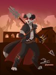 anthro clothing coat male melee_weapon polearm solo spear topwear trenchcoat weapon rubypandaarts axton border_collie canid canine canis collie domestic_dog herding_dog mammal pastoral_dog sheepdog 3:4 absurd_res hi_res