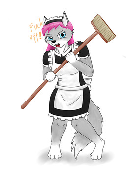 anthro blue_eyes broom cleaning_tool clothing female grey_body hair maid_uniform pink_hair simple_background solo uniform supercastle maid_who canid canine canis domestic_dog mammal hi_res