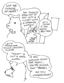 anthro bodily_fluids clothing collar_tag dialogue dreadlocks duo eyewear female floppy_ears glasses hair half-closed_eyes heartbeat hoodie narrowed_eyes open_mouth pointy_ears prick_ears safeword shadowed_eyes simple_background snout sound_effects speech_bubble sweat sweatdrop text topwear white_background gaydottiff penny_(gaydottiff) shelley_(gaydottiff) canid canine canis domestic_cat domestic_dog felid feline felis mammal 2023 black_and_white comic english_text hi_res monochrome trans_(lore) trans_woman_(lore)