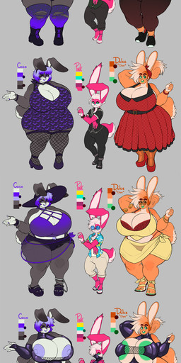 4_toes 5_fingers anthro areola balls big_breasts boots bottomwear bra breasts cleavage clothed clothing curvy_figure denim denim_bottomwear denim_clothing denim_shorts dress feet female fingers fishnet_clothing fishnet_legwear footwear foreskin fur genitals green_areola green_eyes green_nipples green_sclera grey_background grey_body grey_fur grey_tail group hair hair_over_eye half-erect headgear headwear huge_breasts leggings legwear male midriff navel nipples nude orange_body orange_fur orange_tail overweight overweight_anthro overweight_female penis pink_body pink_fur pink_tail pubes purple_areola purple_eyes purple_hair purple_nipples scut_tail shoes short_tail shorts simple_background sports_bra tail thick_thighs toes topwear torn_clothing torn_legwear trio underwear voluptuous white_body white_fur white_tail wide_hips yellow_eyes mr.pink coco_(mr.pink) dulce_(mr.pink) pwink_(mr.pink) lagomorph leporid mammal rabbit 2024 absurd_res hi_res model_sheet