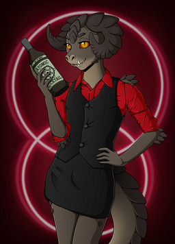 alcohol anthro beverage bottle bottomwear brown_body brown_scales bulge clothed clothing container crossdressing femboy hand_on_hip holding_bottle holding_container holding_object horn male pupils red_background scales shirt simple_background skirt slit_pupils solo topwear torn_clothing torn_shirt torn_topwear vest wive fallout microsoft ashe_colter deathclaw reptile scalie hi_res