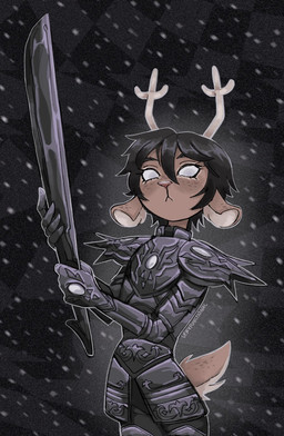 anthro armor black_armor black_background black_hair brown_body brown_fur female fur hair horn simple_background solo veryfunctional deltarune undertale_(series) dess_holiday roaring_knight deer mammal new_world_deer reindeer 2025 hi_res
