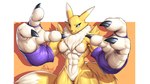 anthro big_hands black_sclera blue_eyes breasts clothing featureless_breasts female gloves handwear huge_hands hyper hyper_hands looking_at_viewer muscular muscular_female solo agonwolfe bandai_namco digimon canid digimon_(species) mammal renamon 16:9 hi_res widescreen