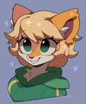 anthro blonde_hair blue_background clothed clothing female female_anthro fur green_clothing green_eyes green_hoodie green_topwear grin hair hoodie inner_ear_fluff simple_background smile solo topwear tuft white_inner_ear_fluff yellow_body yellow_fur cherry_beries domestic_cat felid feline felis mammal 2024 digital_drawing_(artwork) digital_media_(artwork) hi_res