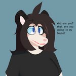 anthro blue_eyes brown_hair clothing eyewear female fur glasses hair multicolored_body multicolored_fur open_mouth shirt simple_background solo teeth text topwear donya ace_bield american_opossum mammal marsupial 1:1 english_text hi_res