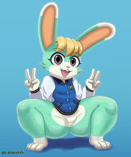 anthro big_butt blonde_hair blue_background bottomless buckteeth butt butt_from_the_front cheek_tuft clothed clothing crouching dipstick_ears ear_markings eyelashes facial_tuft featureless_crotch feet femboy front_view fur gesture gloves_(marking) green_body green_fur grey_eyes hair hand_gesture head_tuft jacket leg_markings letterman_jacket looking_at_viewer male markings multicolored_ears open_mouth open_smile pink_nose simple_background smile socks_(marking) solo teeth thick_thighs topwear tuft v_sign white_body white_fur wide_hips rinexern animal_crossing nintendo sasha_(animal_crossing) lagomorph leporid mammal rabbit absurd_res hi_res