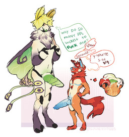 anthro big_penis blue_penis comic_panel dialogue duo fur genitals green_penis green_wings huge_penis hyper hyper_genitalia hyper_penis male neck_tuft orange_body orange_fur penis segmented_arms segmented_legs size_difference speech_bubble text thought_bubble tuft wings goldendoqqs chhips ailurid arthropod canid canine canis domestic_dog hybrid insect lepidopteran mammal moth red_panda english_text trans_(lore) trans_man_(lore)