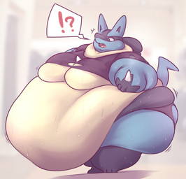 after_transformation ambiguous_gender anthro belly big_belly bodily_fluids clothing interrobang moobs morbidly_obese morbidly_obese_ambiguous morbidly_obese_anthro obese obese_ambiguous obese_anthro overweight overweight_ambiguous overweight_anthro shirt simple_background solo standing sweat topwear torn_clothing furkelpu kelpu_(artist) nintendo pokemon generation_4_pokemon lucario pokemon_(species) hi_res