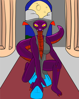 anthro breasts cleavage clothed clothing cochlear_implant_processor colored_nails deaf dress duo eyeliner fake_blood female high_collar lipstick low_cut_dress makeup moon nails pillar pinning_down baristagamerproductions ada_(gem_hunters) reptile scalie snake absurd_res hi_res shaded