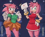 accessory anthro bottomwear bracelet clothing dress duo envelope female finger_on_face gloves hair_accessory hairband hand_on_hip handwear headband heart_symbol jewelry muscular_legs shirt skirt square_crossover tongue tongue_out topwear massivetwo classic_sonic_(universe) sega sonic_the_hedgehog_(series) amy_rose classic_amy_rose eulipotyphlan hedgehog mammal hi_res