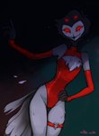 anthro black_background clothing femboy fur grey_body grey_fur grey_hair hair heart_symbol leotard looking_at_viewer male red_eyes short_hair simple_background smile solo standing white_face millky_cockk helluva_boss stolas_(helluva_boss) avian avian_demon bird demon owl owl_demon hi_res