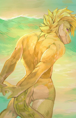 anthro blonde_hair butt hair hands_behind_back male nude pink_eyes scuted_tail selective_coloring sharp_teeth smile snout solo teeth wave jakeshiba rad_croc crocodile crocodilian reptile scalie hi_res monochrome