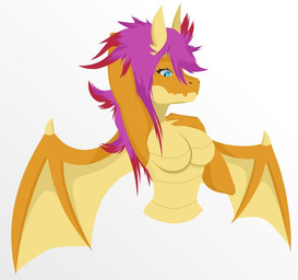 2_horns anthro blue_eyes breasts featureless_breasts female hair hand_behind_head hand_on_breast horn long_hair looking_at_viewer medium_breasts membrane_(anatomy) membranous_wings orange_body pink_hair simple_background solo white_background wings anonymous_artist mythology pawfursuniverse vtuber queensmolder smolder_(pawfurs) dragon mythological_creature mythological_scalie scalie half-length_portrait lineless portrait shaded