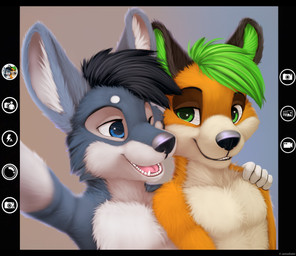 5_fingers anthro arm_around_shoulders black_bars black_hair black_nose blue_eyes brown_body brown_fur camera_view collarbone duo fingers fur gloves_(marking) green_body green_eyes green_fur green_hair grey_body grey_fur gui hair hand_on_shoulder long_ears looking_at_viewer male male/male markings nude one_eye_closed open_mouth open_smile orange_body orange_fur selfie short_hair simple_background smile teeth tongue white_body white_fur wink jamesfoxbr canid canine fox mammal 2017 detailed digital_media_(artwork) letterbox
