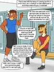 3:4 anthro bottomwear bovid bovine canid canine canis cattle clothed clothing comic coyote dialogue duo english_text footwear fully_clothed fuze hi_res locker locker_bench locker_room male mammal mond_reyes shirt shoes shorts sitting socks standing tank_top texnatsu text topwear ty_conrad