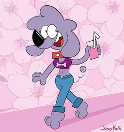 3_toes 4_fingers anthro barefoot beverage black_eyes black_nose blue_bottomwear blue_clothing blue_pants bottomwear breasts button_(fastener) cleavage clothed clothed_anthro clothed_female clothing collar container crop_top cup curly_hair denim denim_bottomwear denim_clothing drinking_straw eyelashes feet female female_anthro fingers floral_wallpaper fully_clothed fully_clothed_anthro fully_clothed_female fur hair holding_beverage holding_container holding_cup holding_object ice ice_cube jeans light medium_breasts midriff navel open_mouth open_smile pants purple_body purple_clothing purple_crop_top purple_fur purple_hair purple_shirt purple_tail_tuft purple_topwear purple_wall red_collar red_tongue shirt smile solo tail tail_tuft teeth text toes tongue topwear tuft walking wall_(structure) janey_poodle janey_the_poodle canid canine canis domestic_dog mammal poodle 2025 artist_name colored digital_drawing_(artwork) digital_media_(artwork) english_description hi_res lighting shaded simple_shading