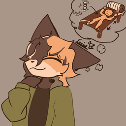 anthro clothed clothing ear_piercing eyelashes eyes_closed fluffy fur hair long_hair looking_pleasured male male/male orange_body orange_fur piercing purple_body purple_fur simple_background smile solo tail text thinking_pose thought_bubble foxiusrahhh hideko_yosuke american_red_fox canid canine fox mammal red_fox true_fox 1:1 colored digital_drawing_(artwork) digital_media_(artwork) hi_res signature