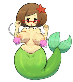 alternate_species areola big_breasts black_eyes bra breasts brown_hair clothing eyelashes eyewear female fish_tail front_view glasses green_body green_scales hair navel nipples open_mouth pink_areola pink_nipples scales seashell_bra short_hair simple_background simple_face solo split_form tan_body tan_skin underwear wardrobe_malfunction white_background somescrub nintendo swapnote_(copyright) nikki_(swapnote) aquatic humanoid merfolk absurd_res hi_res