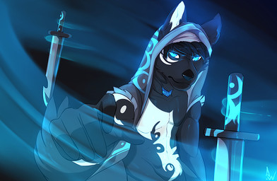5_fingers abs anthro black_body black_fur black_nose blue_eyes clothing dagger fingers fur male melee_weapon solo weapon angiewolf canid canine canis domestic_dog mammal digital_media_(artwork) shaded