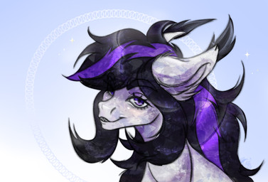 black_eyebrows black_mane blue_background ear_tuft eyebrow_through_hair eyebrows eyelashes female feral fur gradient_background grey_body grey_fur hair lidded_eyes light long_mane mane multicolored_mane purple_eyes purple_mane sharp_teeth simple_background solo sparkles teeth thick_eyebrows toothy_grin translucent translucent_hair tuft two_tone_mane rayrage hasbro my_little_pony fan_character earth_pony equid equine horse mammal pony 2026 bust_portrait colored digital_drawing_(artwork) digital_media_(artwork) english_description hi_res lighting portrait shaded