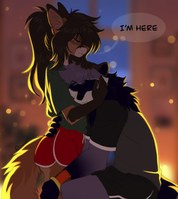 anthro bottomwear bracelet brown_body brown_hair clothing duo female fluffy grey_body hair hug jewelry male male/female shirt shorts text topwear omzzimeow nova_(ima_n_ova) omzzi_(omzzimeow) canid canine fox mammal procyonid raccoon hi_res
