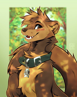 blush brown_body brown_eyes brown_fur collar fangs feral fur green_background green_collar head_tuft looking_away male open_mouth round_ears simple_background small_ears solo tail tan_body tan_fur teeth tuft kitakettu_(artist) mammal mustelid otter 2025 colored digital_drawing_(artwork) digital_media_(artwork) shaded