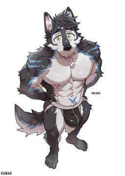 abs anthro big_muscles big_pecs blue_markings broad_shoulders bulge canine_tail chest_tuft clothed clothing fluffy fluffy_tail fur grey_body grey_fur jockstrap jockstrap_only kemono looking_at_viewer male markings multicolored_body multicolored_fur muscular pecs solo tail topless tuft two_tone_body two_tone_fur underwear underwear_only white_body white_fur yellow_eyes kumak71395 thunderrangers archermagnum canid canine canis mammal wolf absurd_res hi_res