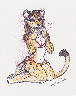 anthro bagel bread clothed clothing female food hair heart_symbol leopard_spots nom skimpy solo spots tail shiverz felid leopard mammal pantherine sketch