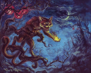 ambiguous_gender claws cloud crescent_moon feral fire fog forked_tail fur grey_body grey_fur in_tree lamp lantern magic_user moon night open_mouth outside overcast paper_lantern plant pupils red_lantern_(object) sharp_teeth sky slit_pupils solo stripes tail teeth tree unusual_anatomy unusual_tail whiskers yellow_eyes donna_quinn asian_mythology east_asian_mythology japanese_mythology mythology felid mammal nekomata yokai 2011 acrylic_painting_(artwork) full-length_portrait painting_(artwork) portrait traditional_media_(artwork) traditional_painting_(artwork)