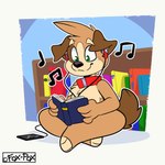 anthro book bookshelf brown_body brown_fur collar earbuds electronic_device electronics fur furniture green_eyes headphones male music musical_note musical_symbol reading reading_book shadow smile solo symbol tan_body tan_fur ziggy_fox fenn_(ziggy_fox) canid canine canis domestic_dog mammal 1:1 hi_res