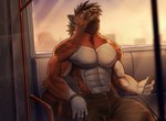 abs anthro earbuds electronics headphones inside_train male muscular muscular_male pecs public rapid_transit relaxed_expression relaxing shirtless shirtless_male solo sunset train vehicle marsel-defender vincent_(ubl_soul) hyena mammal hi_res