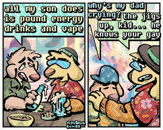 2_panel_comic alcohol aloha_shirt ashtray backwards_hat beer beer_bottle beer_mug beverage bottle cigarette cigarette_in_mouth clothing container dialogue eye_roll eyewear floppy_ears fur group half-closed_eyes hat headgear headwear humor narrowed_eyes object_in_mouth open_mouth pattern_clothing pattern_shirt pattern_topwear shirt smoking_tobacco speech_bubble sunglasses tan_body tan_fur text topwear trio yellow_body yellow_fur rawdawgcomics stahli_(rawdawgcomics) bird_dog canid canine canis domestic_dog golden_retriever hunting_dog mammal retriever 5:4 comic english_text